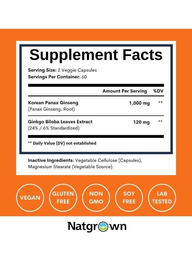 Natgrown Panax Ginseng and Ginkgo Biloba Complex Capsules with Korean Red Ginseng & Ginko Leaf Extract Supplement for Men & Women - Supports Memory Focus Energy & Brain Function - Vegan Pills - 120ct - Image 4