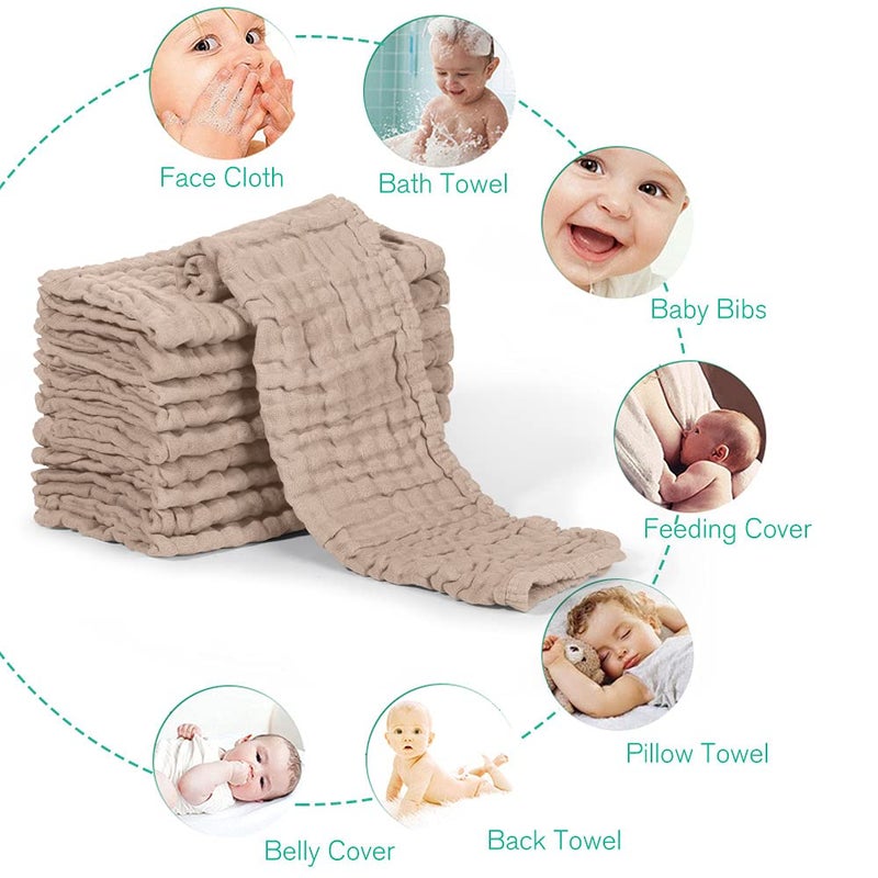 Yoofoss Muslin Burp Cloths for Baby 10 Pack 100% Organic Cotton Baby Washcloths for Boys Girls Large 20''X10'' Super Soft and Absorbent Brown - Image 5