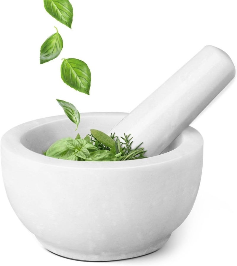 Flexzion Marble Mortar and Pestle Set - Solid Granite Stone Grinder Bowl Holder 5.5 Inch for Guacamole, Herbs, Spices, Garlic, Kitchen, Cooking, Medicine (White) - Image 1