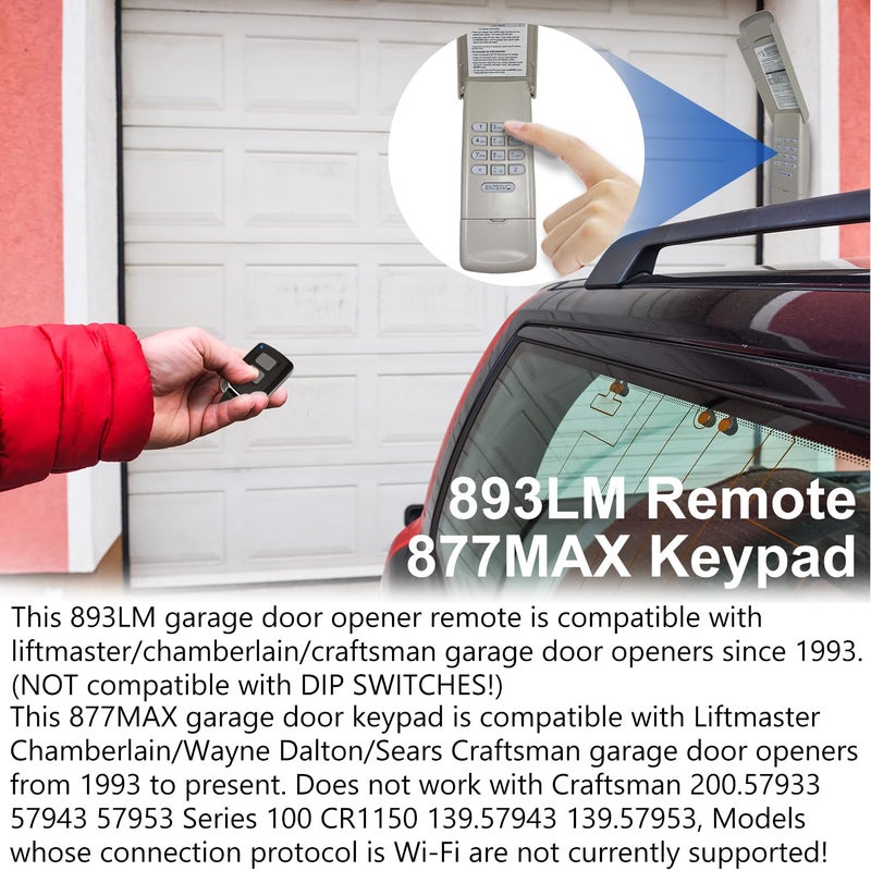 GIOATY for Chamberlain LiftMaster Craftsman Garage Door Opener Keypad & Remote Universal,893MAX with Yellow, Purple, Green, Red/Orange Learn Button, 877MAX 971LM 371LM 893lm 891lm 373lm 973lm - Image 2
