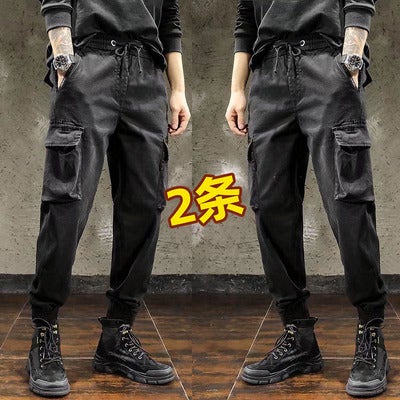 Spring and Autumn Reinforced Work Pants Mens Wear-resistant Loose Work Pants for Construction Site Labor Protection Work Pants for Electric Welding Work Pants Black + black overalls 