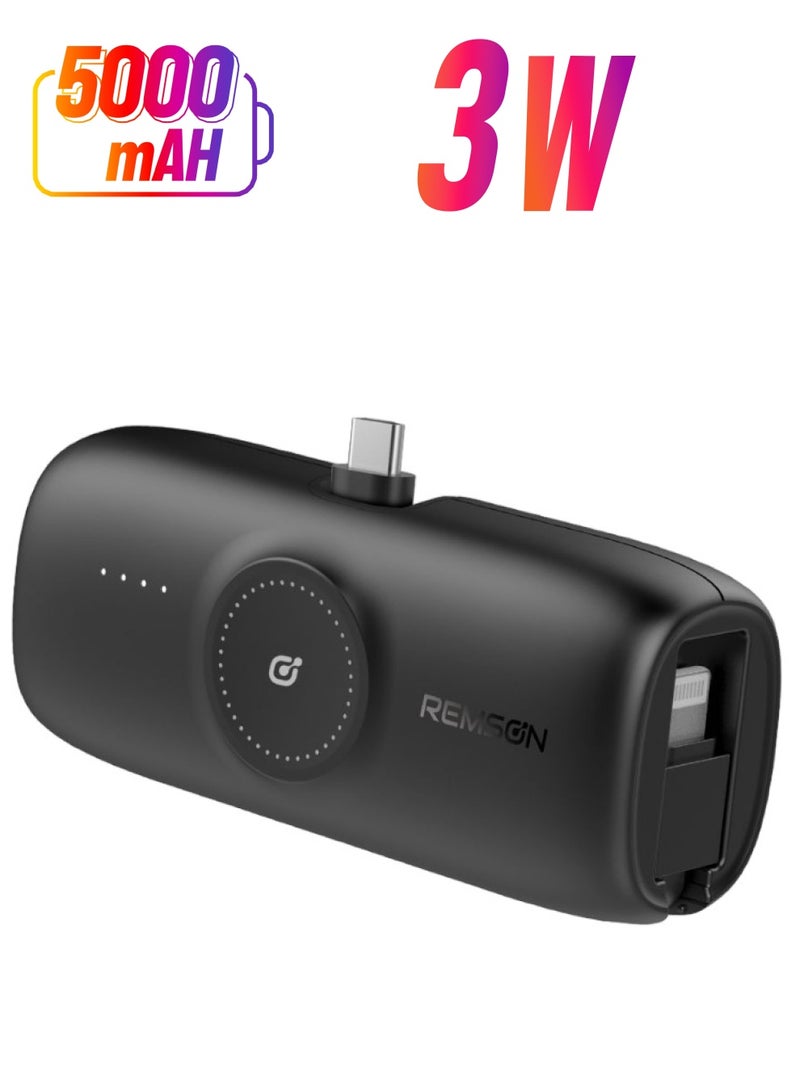 Remson Revo Charge 5000 mAh Nano Power Bank Wireless Charger Dual Charging Type-C Connector with Built-in Lightning Cable - Black - Image 1