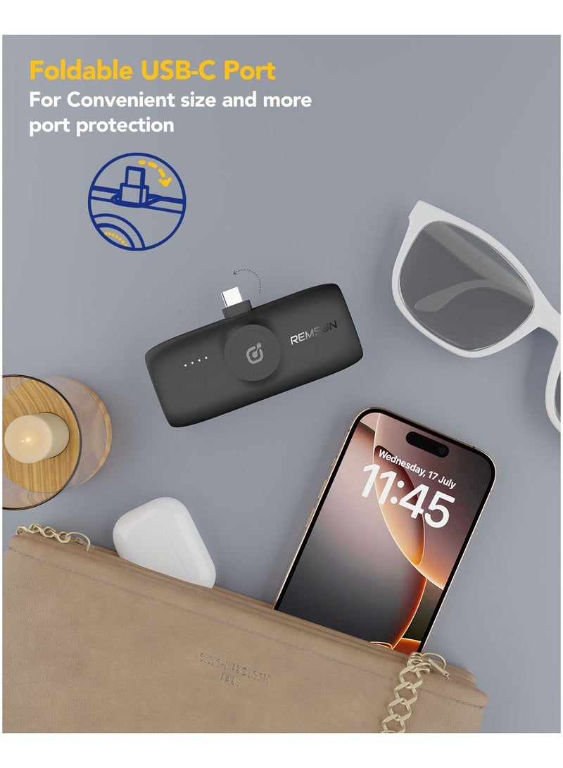 Remson Revo Charge 5000 mAh Nano Power Bank Wireless Charger Dual Charging Type-C Connector with Built-in Lightning Cable - Black - Image 3