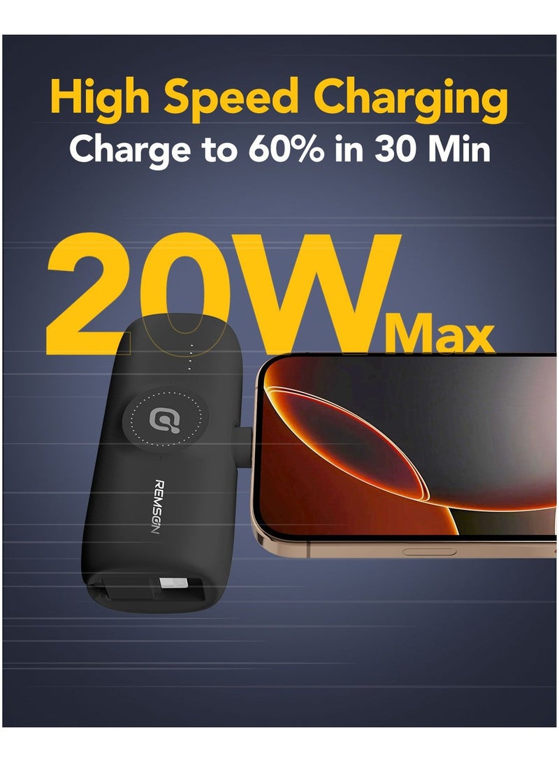 Remson Revo Charge 5000 mAh Nano Power Bank Wireless Charger Dual Charging Type-C Connector with Built-in Lightning Cable - Black - Image 5