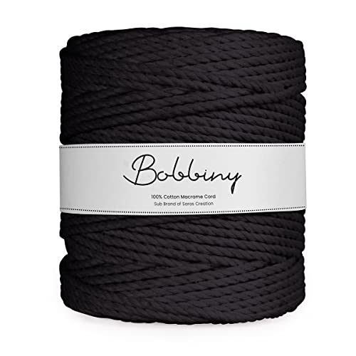 Bobbiny | 3 Ply Twisted Macrame Cotton Cord Dori (Roll Packaging) Thread for Macrame DIY and Other Projects | Black | 3mm,100 Meter - Image 1
