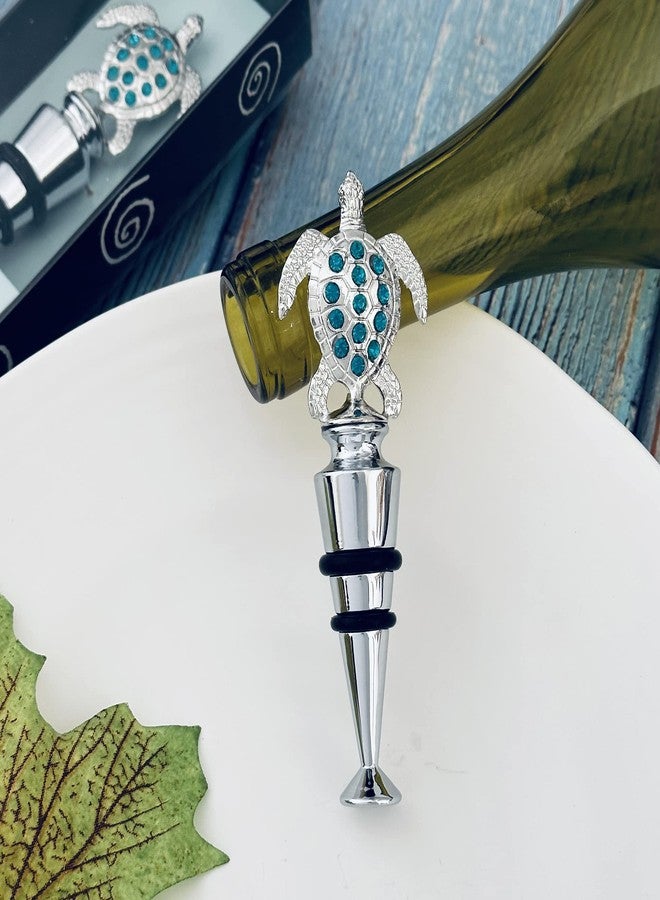 سوبريم هاوس ويرز سدادة زجاجة نبيذ من سبائك الزنك على شكل سلحفاة بحرية من Supreme Housewares، مزينة بلمسات من الكريستال الأزرق الفيروزي - حافظة مشروبات قابلة لإعادة الاستخدام للنبيذ والشمبانيا والمشروبات الغازية - فضية اللون، ارتفاع 4.5 بوصة - Image 5