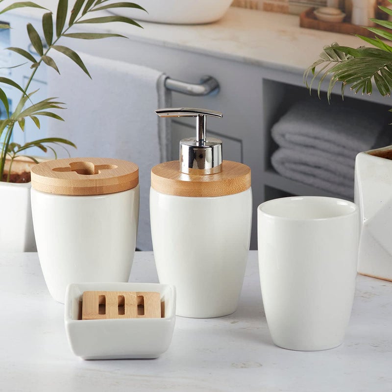 Kookee Ceramic Bathroom Set - Stylish 4 Piece Bath Accessories Kit with Soap Dispenser, Toothbrush Holder, Tumbler & Soap Dish - Modern & Designer Decor for Home & Guest Bathrooms, White (9597) - Image 1