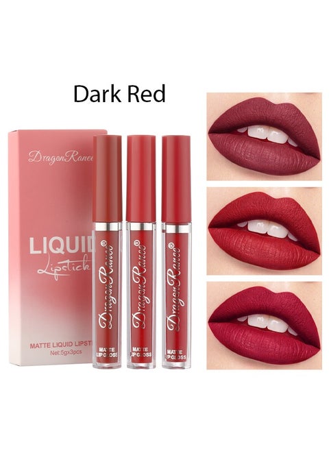 3-pack set with lip gloss velvet matte lipstick, dark red color lip gloss