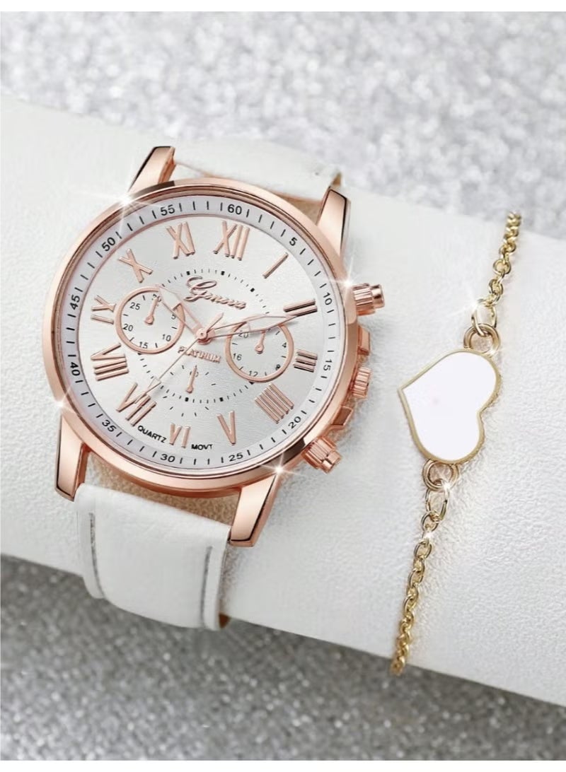 Geneva Women's Digital Quartz Watch & Bracelet Set - Fashion Leather Strap Wristwatch (White) - Image 4