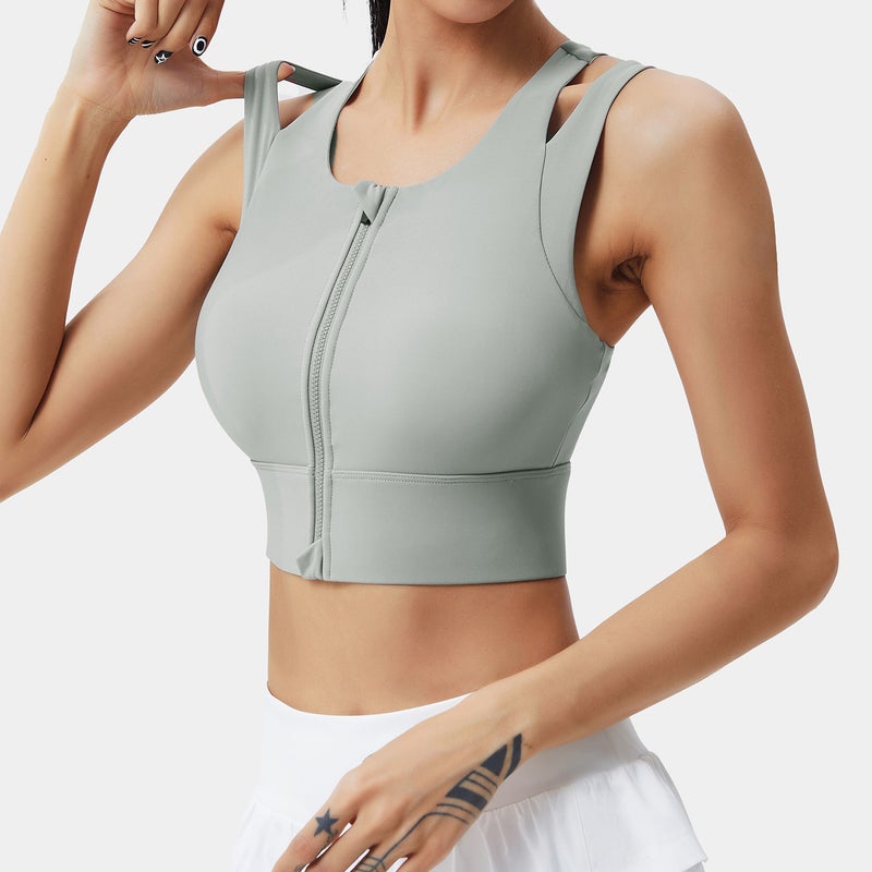 Sports Bra FBF2217303 Tender Green Fitness Bra Women's Front Zipper High-strength Sports Underwear Shockproof Anti-sagging Accessory Milk Running Yoga