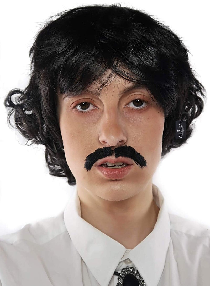 ALLAURA Vote Pedro Wig | Black Wig + Fake Mustache | 70s Shag Beatles Sonny Halloween Costume | Pablo Compatible - Image 1