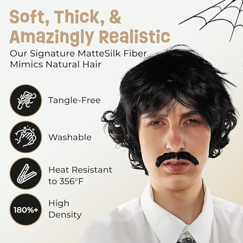ALLAURA Vote Pedro Wig | Black Wig + Fake Mustache | 70s Shag Beatles Sonny Halloween Costume | Pablo Compatible - Image 4