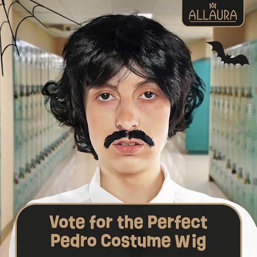 ALLAURA Vote Pedro Wig | Black Wig + Fake Mustache | 70s Shag Beatles Sonny Halloween Costume | Pablo Compatible - Image 2