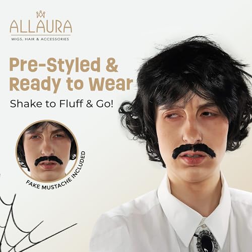 ALLAURA Vote Pedro Wig | Black Wig + Fake Mustache | 70s Shag Beatles Sonny Halloween Costume | Pablo Compatible - Image 3