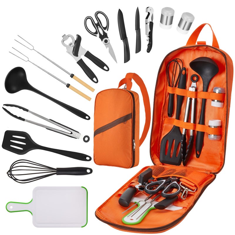Hozzen Camping Cooking Utensil Set - Car Camping Essentials Cooking Gear for Outdoor Kitchen Grilling, Stainless Steel & Silicone Ideal Gift for RV Tent Camper, Picnics, BBQs - Image 1