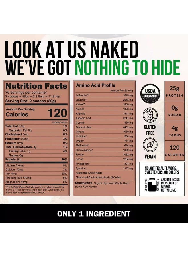Naked Rice - Organic Brown Rice Protein Powder - Vegan Protein Powder - 5Lb Bulk, GMO Free, Gluten Free & Soy Free. Plant-Based Protein, No Artificial Ingredients - 76 Servings