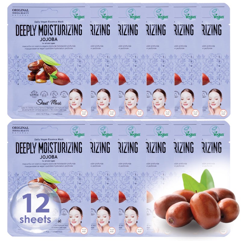 Innerest Original Derma Beauty Vegan Face Masks 12 PK Ultra Soothing Jojoba Oil Face Mask Skin Care Sheet Masks Set for Beauty  Personal Care Korean Face Mask