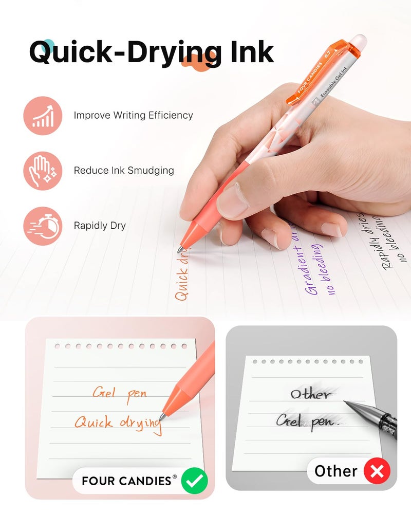 Four Candies 0.7mm Erasable Gel Pens, Make Mistakes Disappear Colored Pens, 12 Colors Retractable Fine Point Erasable Pens for Writing, Drawing, Planner & School Supplies - Image 5