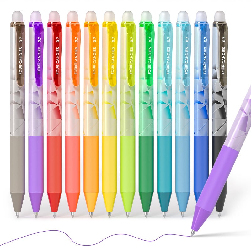 Four Candies 0.7mm Erasable Gel Pens, Make Mistakes Disappear Colored Pens, 12 Colors Retractable Fine Point Erasable Pens for Writing, Drawing, Planner & School Supplies - Image 1