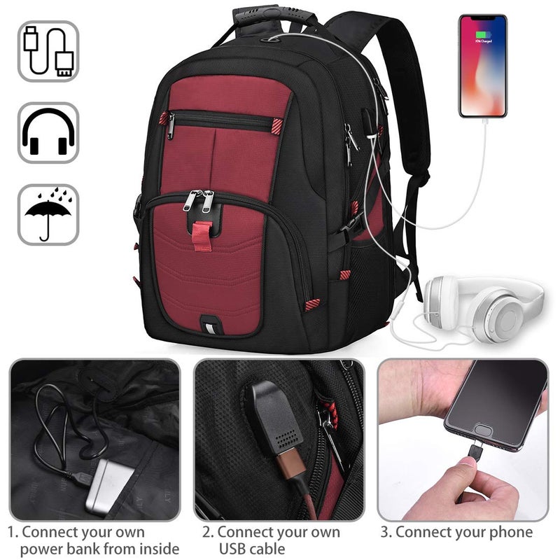 NUBILY Laptop Backpack 17 Inch Waterproof Extra Large TSA Travel Backpack Anti Theft College Business Mens Backpacks with USB Charging Port 17.3 Gaming Computer Backpack for Women Men Red 45 L - Image 3