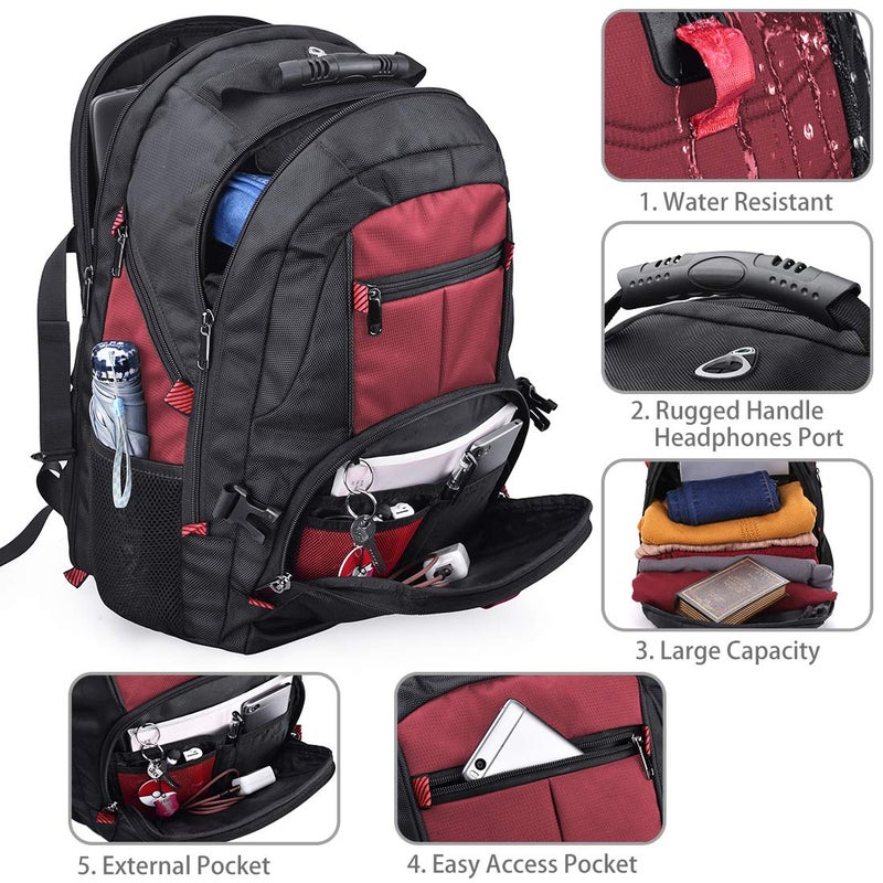 NUBILY Laptop Backpack 17 Inch Waterproof Extra Large TSA Travel Backpack Anti Theft College Business Mens Backpacks with USB Charging Port 17.3 Gaming Computer Backpack for Women Men Red 45 L - Image 2