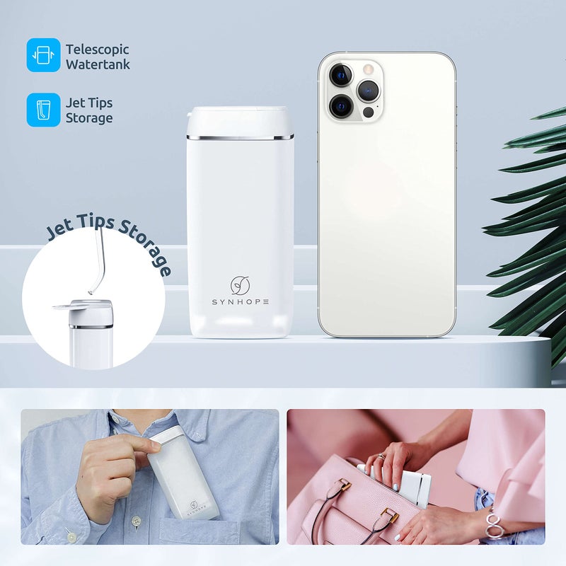 SYNHOPE Water Flosser [ Mini Cordless Portable ] Oral Irrigator Water Teeth Cleaner Pick, Telescopic Water Tank, 3 Modes & IPX7 Waterproof, Home & Travel Water Floss for Teeth, Braces Bridges Care (White) - Image 4