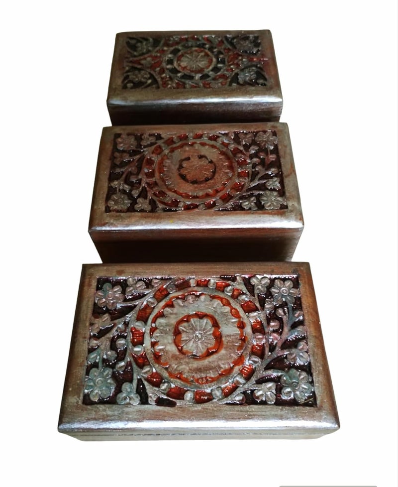 Design Dynamics Design Dynamics Handcarved Antique Finish Decorative Wooden Boxes Set of 3 DDOCT23WB04 6X 4 X 175 for Storage Organising Home Decor and Gifting PATTERN 2 - Image 1