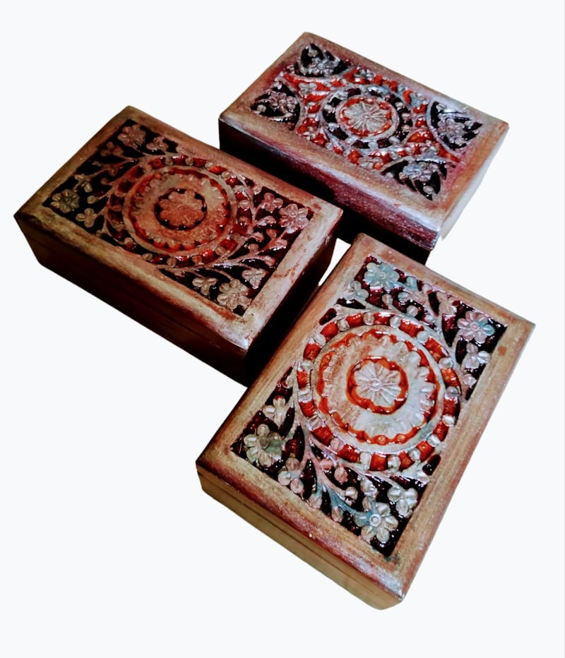 Design Dynamics Design Dynamics Handcarved Antique Finish Decorative Wooden Boxes Set of 3 DDOCT23WB04 6X 4 X 175 for Storage Organising Home Decor and Gifting PATTERN 2 - Image 3