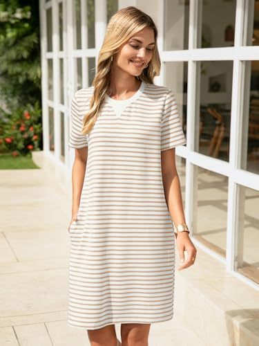 Glamaker Women Summer Tshirt Shift Dress Casual Striped Short Sleeve Crew Neck Knee Length Comfy Dress with Pockets (Beige Stripe XL) - Image 3