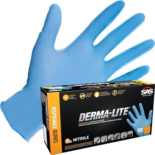 SAS Derma-Lite Powdered Nitrile Disposable Gloves - Medium. 5 Mil Thickness. Chemical and Puncture Resistant. Lightly Textured. Non-Latex. Single-Use Only (6607) - Image 1