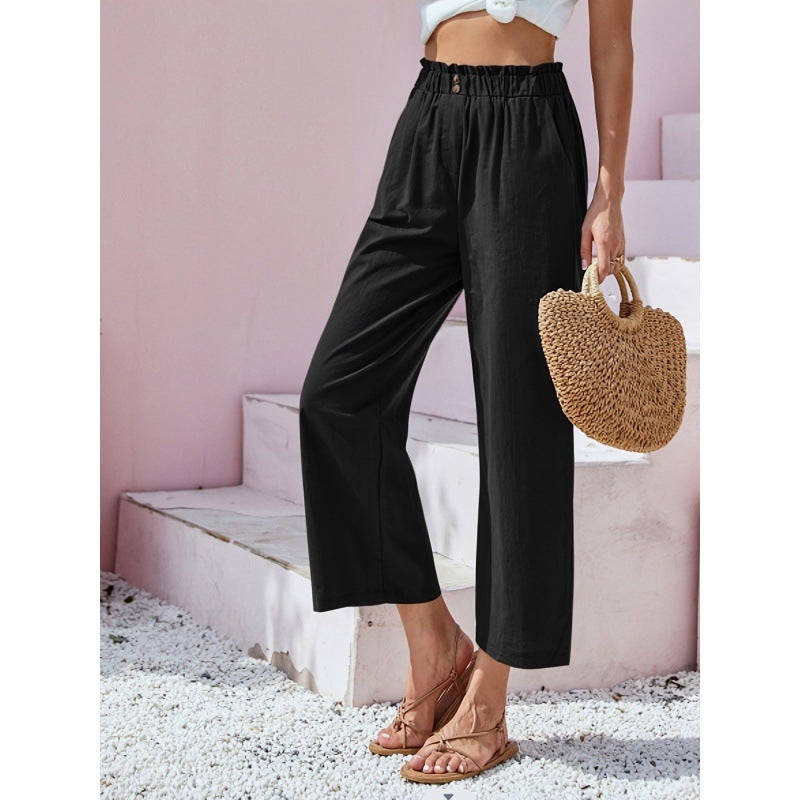 2023 Amazon new European and American cross-border womens pants high waist lotus leaf elastic waist simply cotton and linen cropped pants casual pants Navy blue - Image 5