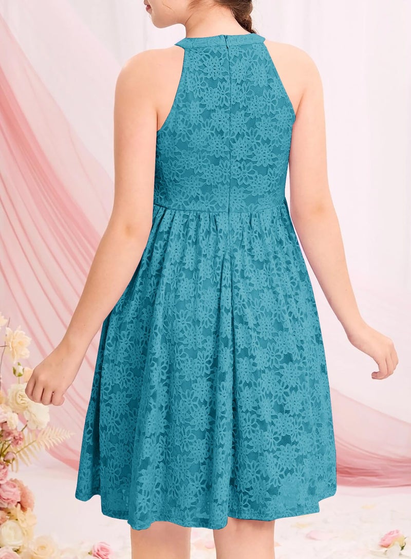 HOSIKA Gilrs Halter Dress Elegant High Waist A-line Lace Graduation Dance Party Sundress Teal 6-12 Years - Image 5