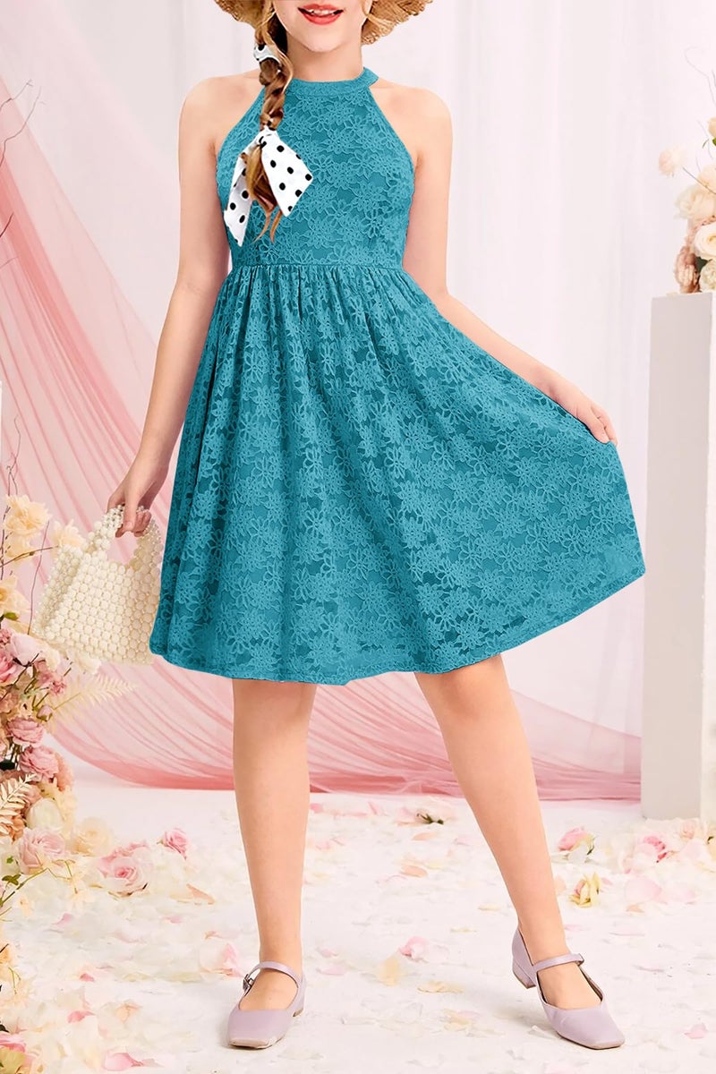 HOSIKA Gilrs Halter Dress Elegant High Waist A-line Lace Graduation Dance Party Sundress Teal 6-12 Years - Image 3