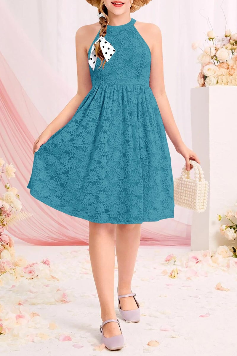 HOSIKA Gilrs Halter Dress Elegant High Waist A-line Lace Graduation Dance Party Sundress Teal 6-12 Years - Image 2