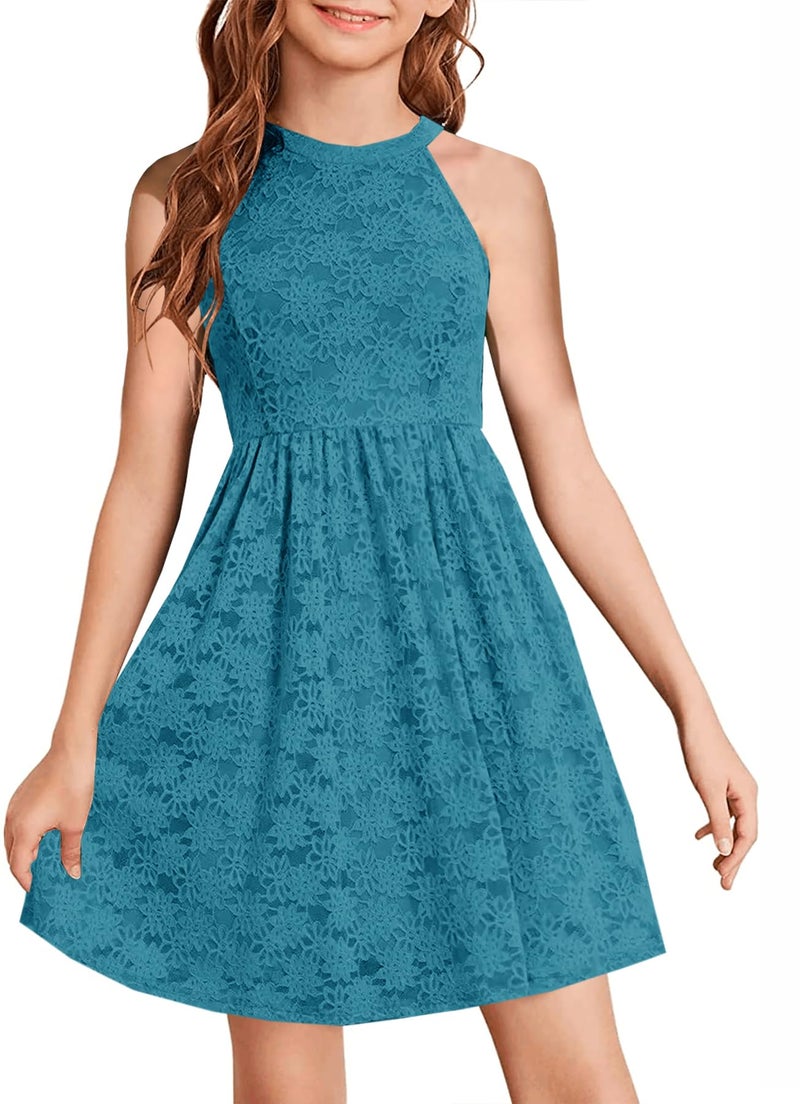 HOSIKA Gilrs Halter Dress Elegant High Waist A-line Lace Graduation Dance Party Sundress Teal 6-12 Years - Image 1