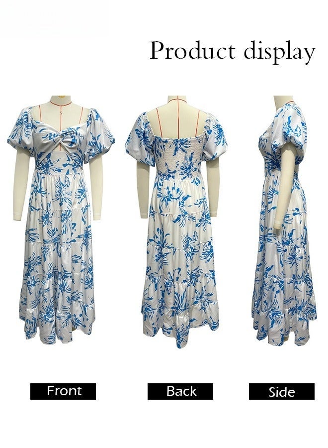 Fashionable Printed Puff Sleeve Dress Women's Large Square Collar High Waist Midi Dress with Floral or Geometric Patterns for Daily Commuting and Vacation Wear Comfortable Elegant Design - Image 4