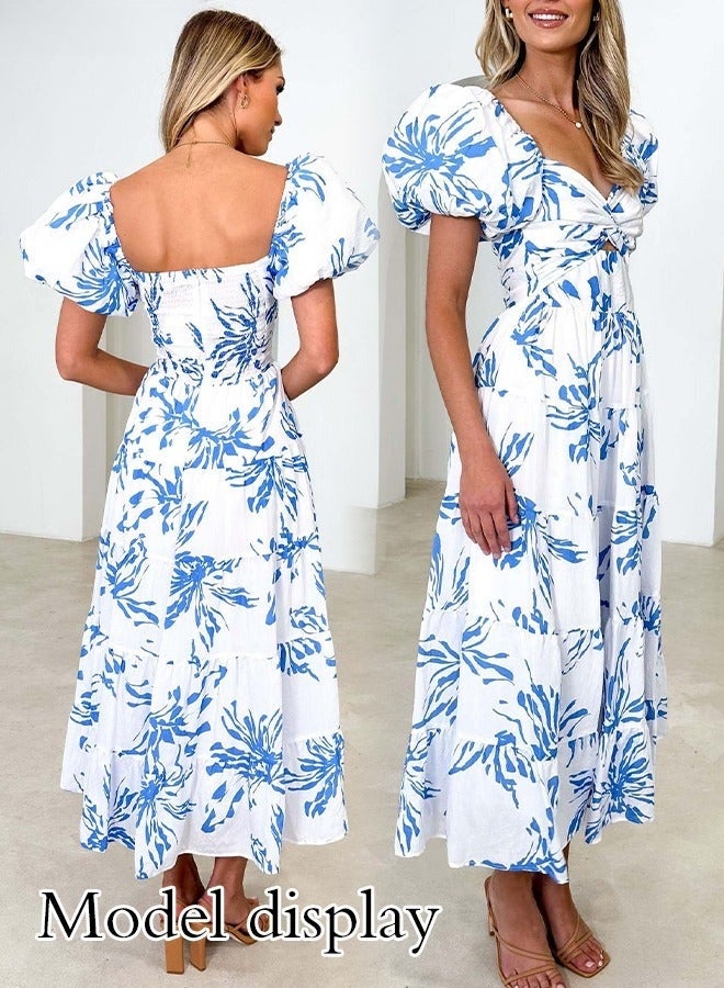 Fashionable Printed Puff Sleeve Dress Women's Large Square Collar High Waist Midi Dress with Floral or Geometric Patterns for Daily Commuting and Vacation Wear Comfortable Elegant Design - Image 5