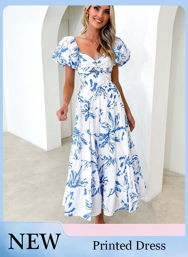 Fashionable Printed Puff Sleeve Dress Women's Large Square Collar High Waist Midi Dress with Floral or Geometric Patterns for Daily Commuting and Vacation Wear Comfortable Elegant Design - Image 1