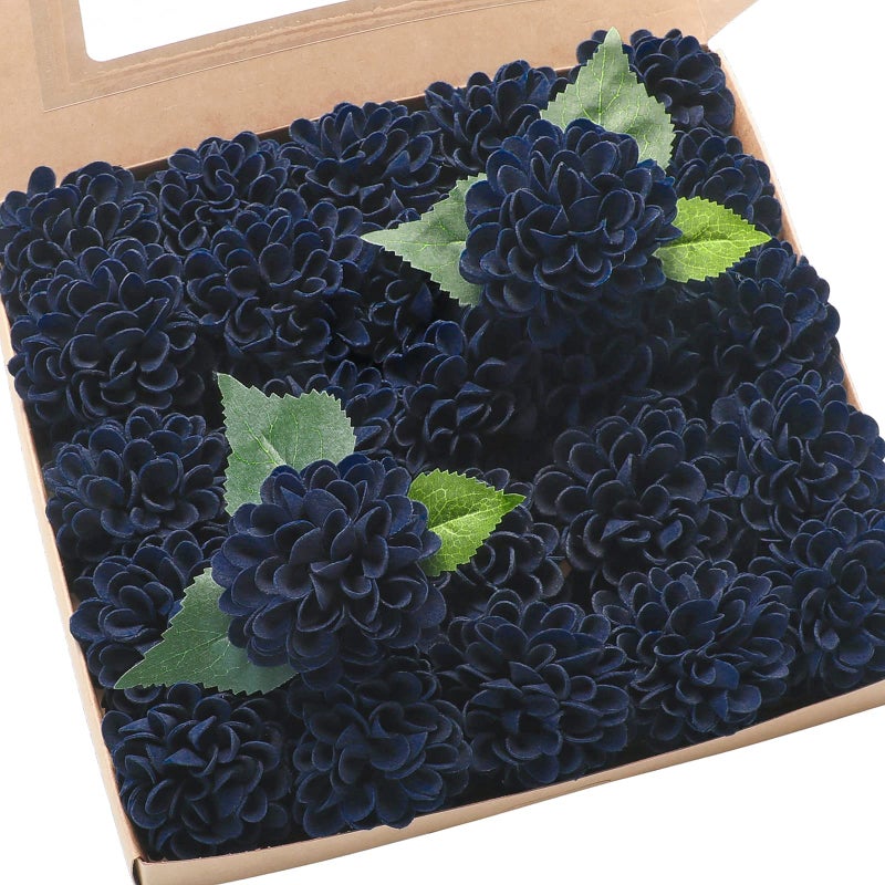Floroom Artificial Dahlia Flowers 25pcs Real Looking Navy Blue Foam Fake Roses with Stems for DIY Wedding Bouquets Bridal Shower Centerpieces Floral Arrangements Party Tables Home Decoration - Image 2