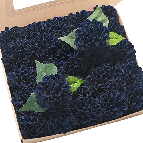 Floroom Artificial Dahlia Flowers 25pcs Real Looking Navy Blue Foam Fake Roses with Stems for DIY Wedding Bouquets Bridal Shower Centerpieces Floral Arrangements Party Tables Home Decoration - Image 1