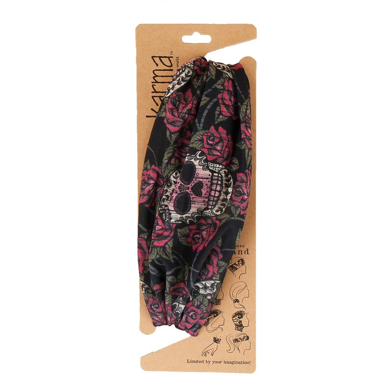 Karma Sugar Skull Headband for Women  Wide  Fabric Headband and Stretchy Hair Scarf  Black 1 Count Pack of 1