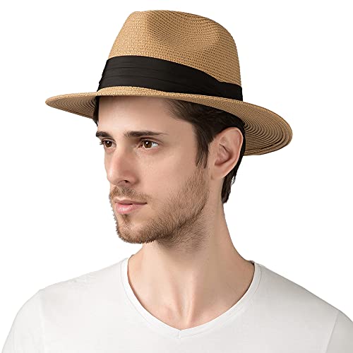 Lanzom Summer Beach Sun Hats for Men Women Foldable Floppy Travel Packable Staw Hat, Wide Brim Hat (Style B-Khaki,Medium Size:Fit for 22.5"-23") - Image 1