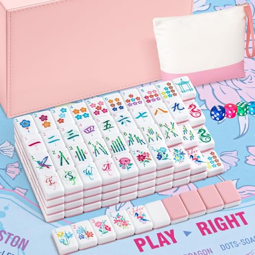 Soulchen 12in American Mahjong Tiles Set with Noise Reducing Mat 168 Acrylic Engraved Mahjong Game Tiles with Portable Storage Bags and 4 Dice for Adults Family Friends Collection Travel GamePink - Image 1