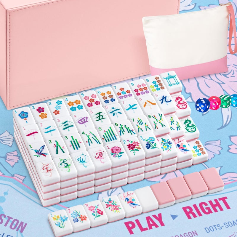 Soulchen 12in American Mahjong Tiles Set with Noise Reducing Mat 168 Acrylic Engraved Mahjong Game Tiles with Portable Storage Bags and 4 Dice for Adults Family Friends Collection Travel GamePink - Image 3