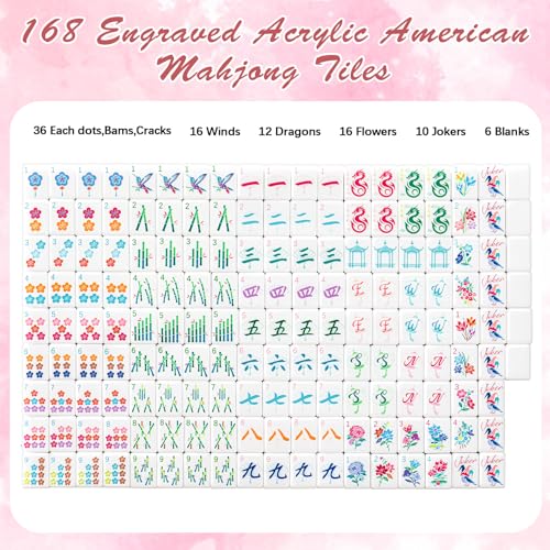 Soulchen 12in American Mahjong Tiles Set with Noise Reducing Mat 168 Acrylic Engraved Mahjong Game Tiles with Portable Storage Bags and 4 Dice for Adults Family Friends Collection Travel GamePink - Image 5