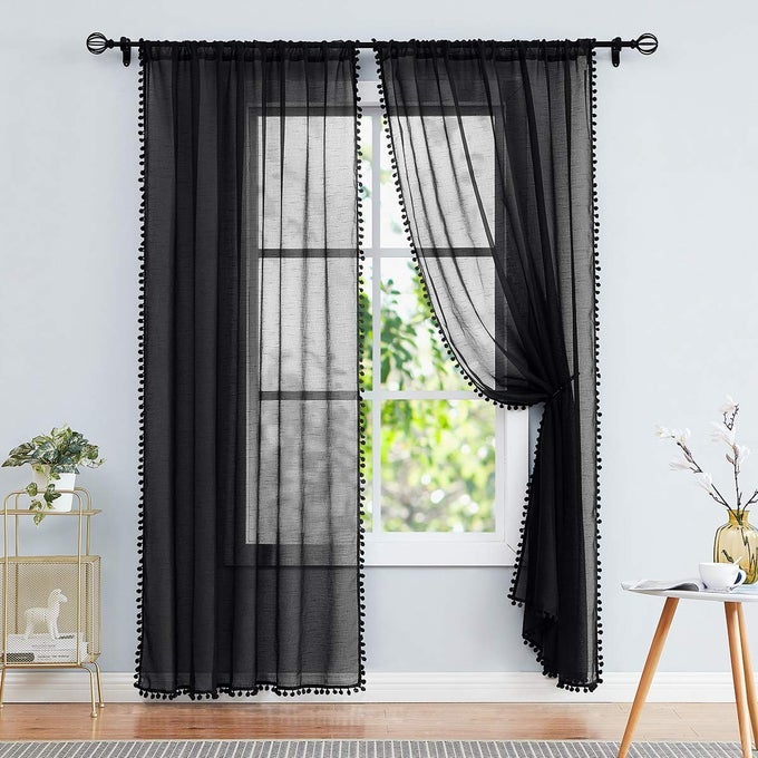BLACK SHEER CURTAINS FOR LIVING ROOM 95 LINEN TEXTURE CHIC CURTAIN PANELS POM POM TRIMMED VOILE DRAPES FOR BEDROOM OFFICE CHILDRENS ROOM 2PCS