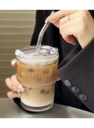 Coffee Cup Simple Vertical Stripes Water Glasses with Lid and Straw - pzsku/Z434588107CEC30A53124Z/45/1750214832/80129b46-e3ad-440d-a3c5-4778690fa23c