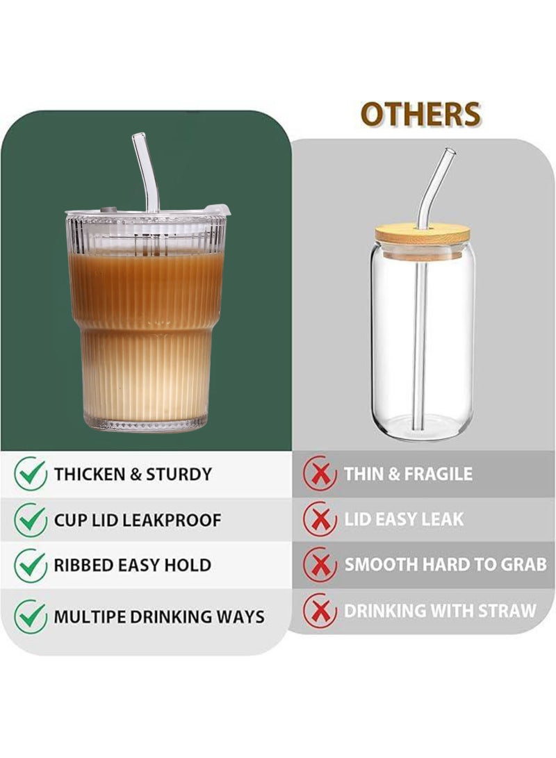 Coffee Cup Simple Vertical Stripes Water Glasses with Lid and Straw