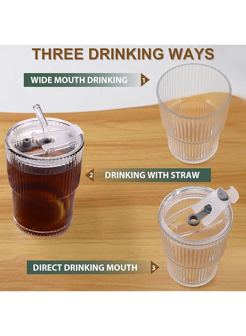 Coffee Cup Simple Vertical Stripes Water Glasses with Lid and Straw