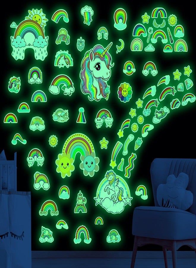 Robmoda Glow in The Dark Unicorn and Rainbow Wall Decals, Stars Stickers for Baby Girls Room, Luminous Ceiling Decor for Bedroom Playroom Nursery - Image 1